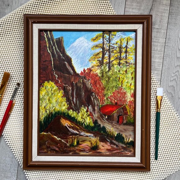 Hand Painted Oil Painting Framed Forest Autumn Fall Landscape Hut Signed 17x13" - Picture 1 of 14